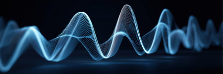 Sound wave graphic showing a smooth, flowing pattern in shades of blue against a dark background, illustrating audio frequencies in a modern style.の素材