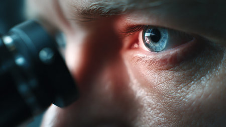 A researcher closely examines the details of a human eye using a microscope in a well-lit laboratory. The focus is on the eyes intricate features.の素材