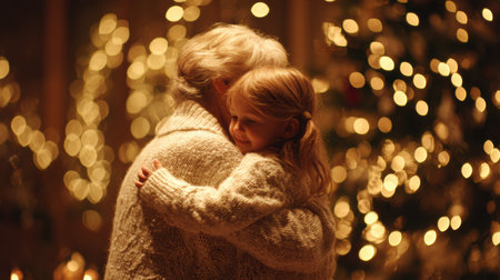 A grandmother lovingly embraces her granddaughter in a warm space filled with soft lights and holiday decorations.の素材