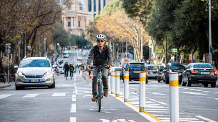 A cyclist navigates a bustling city road surrounded by vehicles and autumn foliage, showcasing urban life and transportation alternatives in action.の素材