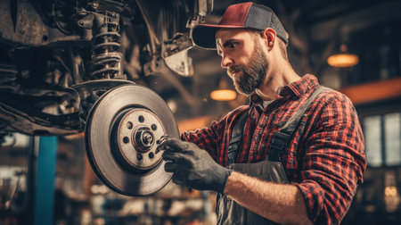 A mechanic with a beard works diligently on a brake disc in a well-equipped automotive workshop, showcasing focus and expertise.の素材