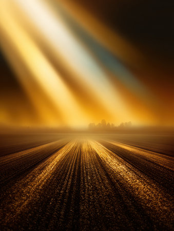 Golden light beams filter through the sky over a tranquil field, creating a serene atmosphere with distant trees in the background during evening hours.の素材