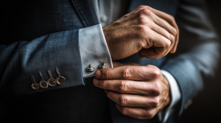A well-dressed man carefully adjusts his cufflinks on a stylish suit, showing attention to detail before an important event.の素材