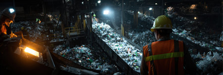 Workers sort through waste at a recycling facility in the evening, with lights shining on heaps of materials and machinery in action.の素材