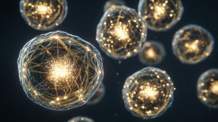 Spherical forms are suspended in a dark environment, showing intricate patterns and glowing cores, creating a captivating and futuristic visual effect.の素材