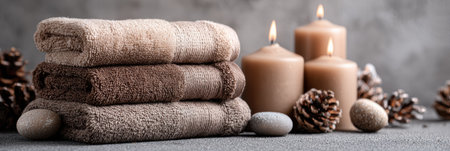 A cozy spa scene featuring neatly stacked towels in earthy tones, flickering candles, pine cones, and smooth stones, creating a tranquil atmosphere.の素材