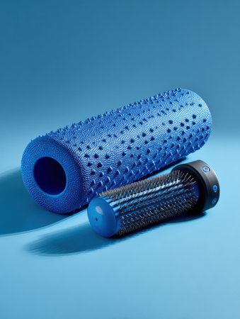 Two blue fitness tools rest against a soft blue backdrop, showing the textured surface of the foam roller and the design of the massage tool.の素材