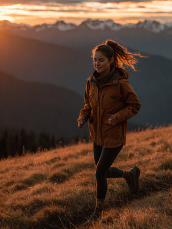 A runner is moving through a grassy field during sunset, surrounded by mountains. The soft golden light creates a peaceful atmosphere.の素材