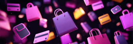 Floating shopping bags and credit cards in vibrant colors showcase a modern shopping theme against a dark background, highlighting online retail.の素材