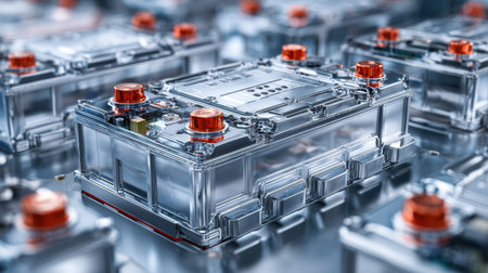 Close-up view of advanced lithium-ion batteries with shiny casings and prominent red terminals, highlighting modern battery technology in a lab environment.の素材