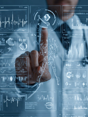 Health expert utilizes digital interface to explore and manage patient data through visual analytics in a clinical environment focused on innovation.の素材