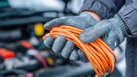 A person in gloves grips a bright orange extension cord, ready for use in an automotive setting, possibly for troubleshooting or repairs on a chilly day.の素材