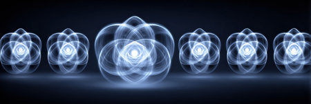 Glowing atomic structures are arranged in a symmetrical pattern, showcasing a modern digital design with a dark background highlighting the luminescence.の素材