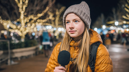 A young girl in a beanie and warm jacket holds a microphone while preparing for an outdoor interview amidst a lively night scene with lights.の素材