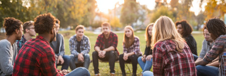 Friends gather in a circle on the grass, sharing stories and laughter as the sun sets, creating a warm atmosphere in the park.の素材