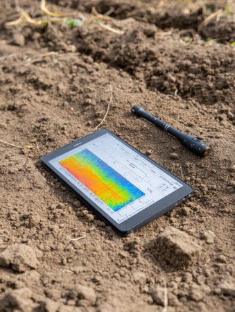 A soil analysis device lies on tilling earth, showcasing a colorful graph on its screen. A pen rests nearby, illustrating the intensity of the analysis.の素材