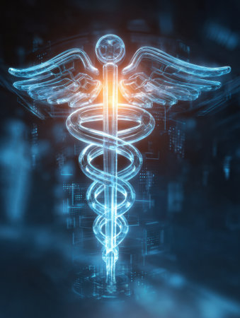 Glowing caduceus symbol emerges from a dark digital background, representing health and medicine in a modern, high-tech style with blue hues.の素材