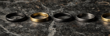 Various elegantly designed rings in metallic tones are arranged on a dark stone surface, highlighting their unique textures and finishes in bright light.の素材