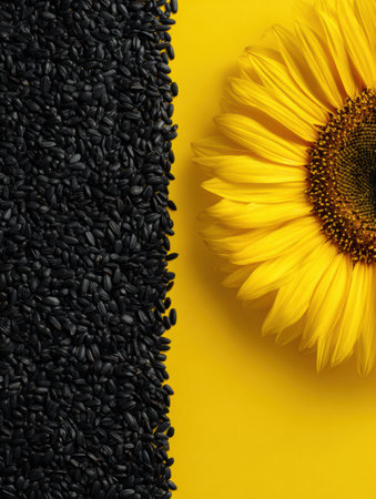 A vivid yellow surface showcases a sunflower alongside a pile of black sesame seeds, highlighting the beauty of nature and contrasting colors.の素材
