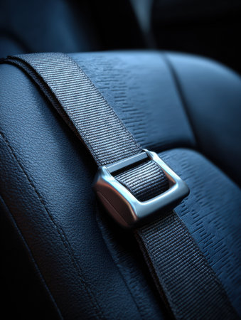 A close-up view of a car seatbelt secured in its latch, showing the texture of the seat and the importance of safety during a journey.の素材