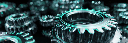 Intricate gears are arranged in a visually striking composition, showcasing their shiny metallic surfaces and a futuristic blue glow against a dark backdrop.の素材