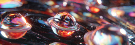 Brightly colored bubbles create an enchanting pattern on a dark, glossy surface, showing vivid reflections and intricate details in natural light.の素材