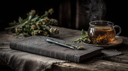 A steaming cup of tea sits alongside a pen resting on an open notebook on a rustic table. Fresh herbs and a calming ambiance create a peaceful afternoon scene.の素材
