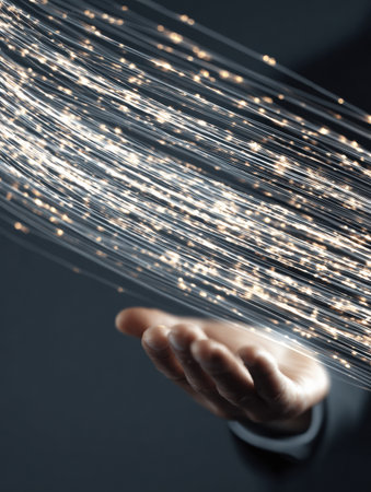 A hand extends outward as streams of light particles flow gracefully into the air in a dark environment, showing creativity and innovation.の素材