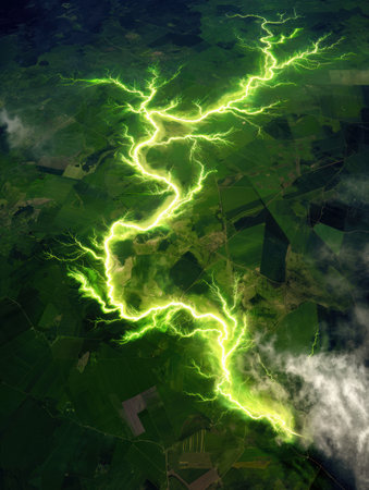 Electric green lightning branches out over fields and forests, showing the intense energy of a thunderstorm during daylight hours.の素材