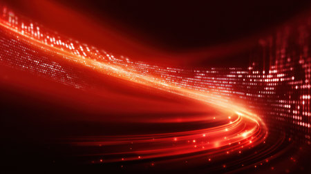 Radiant red light trails swirl across a dark background, giving an impression of energy and motion, accented by scattered glowing dots that enhance the effect.の素材