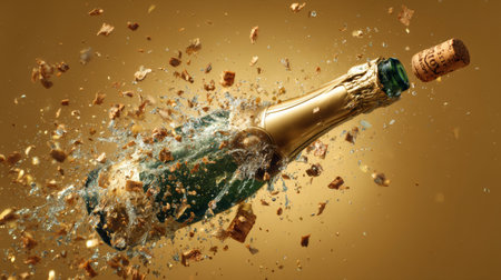 A champagne bottle bursts open with a shower of sparkling confetti, creating a lively scene filled with joy and celebration, perfect for festive occasions.の素材