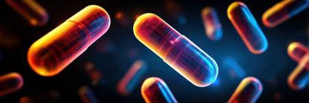 Capsules in vibrant colors drift through a dark, expansive space, symbolizing advancements in medicine and technology.の素材