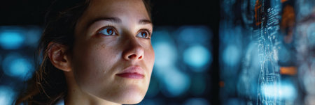 Woman intently gazes at a futuristic screen filled with data and graphics, immersed in an innovative technological environment at dusk.の素材