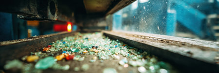 Vibrant pieces of glass are scattered on a metal track inside a recycling facility, bathed in natural light from nearby windows.の素材