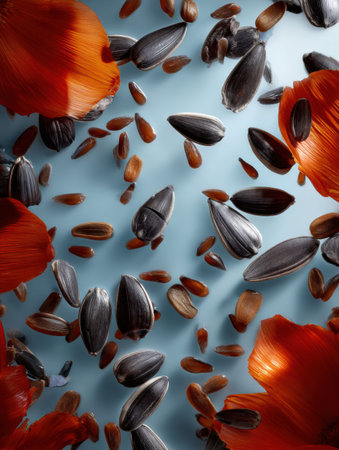 Bright red flower petals scatter among various seeds on a soft blue backdrop, showing an artistic and vibrant display of natures elements.の素材
