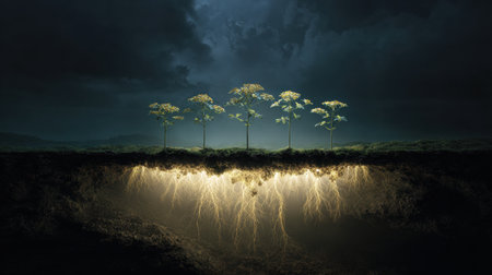 A scene shows several trees above a glowing network of roots in a dark environment.の素材