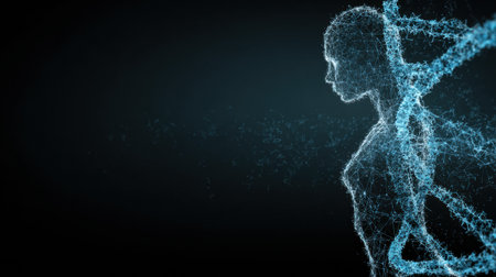 This artwork displays a human figure constructed from interconnected blue particles on a dark backdrop, emphasizing themes of technology and futurism.の素材