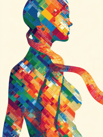 A unique abstract features silhouette a figure filled with vibrant colors and patterns. A snake winds around the figure, creating a striking visual.の素材