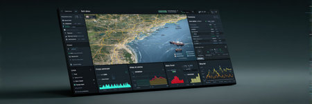 Interactive dashboard shows maritime shipping routes along the coast, with real-time data displays and geographical maps, capturing navigation insights.の素材