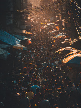 Vibrant crowd navigates a busy market street filled with stalls and colorful umbrellas as warm evening light casts shadows among the people.の素材