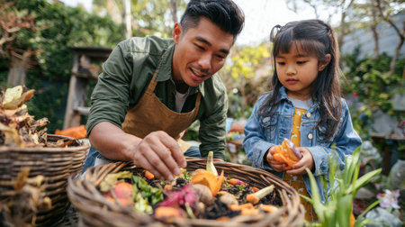 A man and young girl engage in gardening, examining colorful vegetables in a basket, surrounded by a vibrant and green garden on a sunny dayの素材