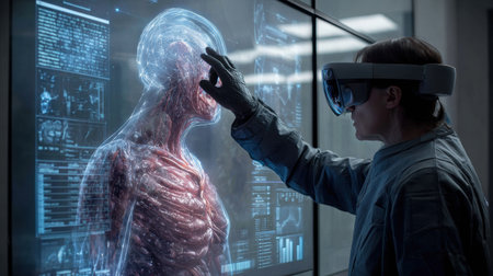 Researcher analyzes human anatomy through virtual reality technology while interacting with a detailed holographic model in a lab setting.の素材