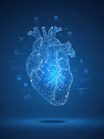 A glowing digital heart structure hovers against a blue background with visual data elements highlighting medical technology and innovation in healthcare.の素材