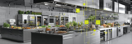 Spacious kitchen equipped with modern appliances, fresh ingredients, and a clean layout, suitable for chefs and culinary enthusiasts at work.の素材