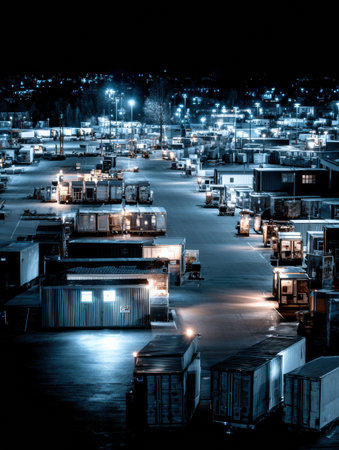 Freight yard bustling at night showcases rows of shipping containers and cargo trucks. Bright lights illuminate the area, creating a vibrant logistic scene.の素材