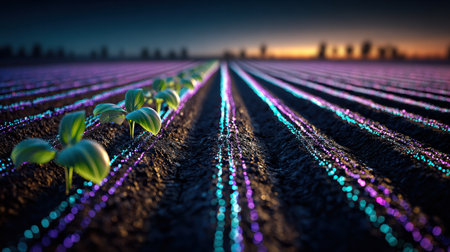 Row of young seedlings growing in a cultivated field with glowing lights at sunset, showing modern farming techniques and technology.の素材