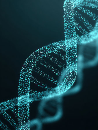 Visual showcases the intricate structure of a DNA double helix, highlighting its formations and molecular details in a vibrant digital format.の素材