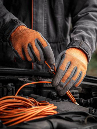 A person with orange and gray gloves connects wires under the hood of a car. The scene takes place in a garage on a bright day, showcasing mechanical work.の素材