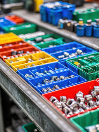 Brightly colored bins organize different types of tools in a busy workshop environment. The scene captures the essence of productivity and order.の素材