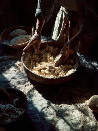 In a rustic kitchen, hands skillfully mix dough in a wooden bowl, capturing the essence of traditional baking and the comfort of home cooking.の素材